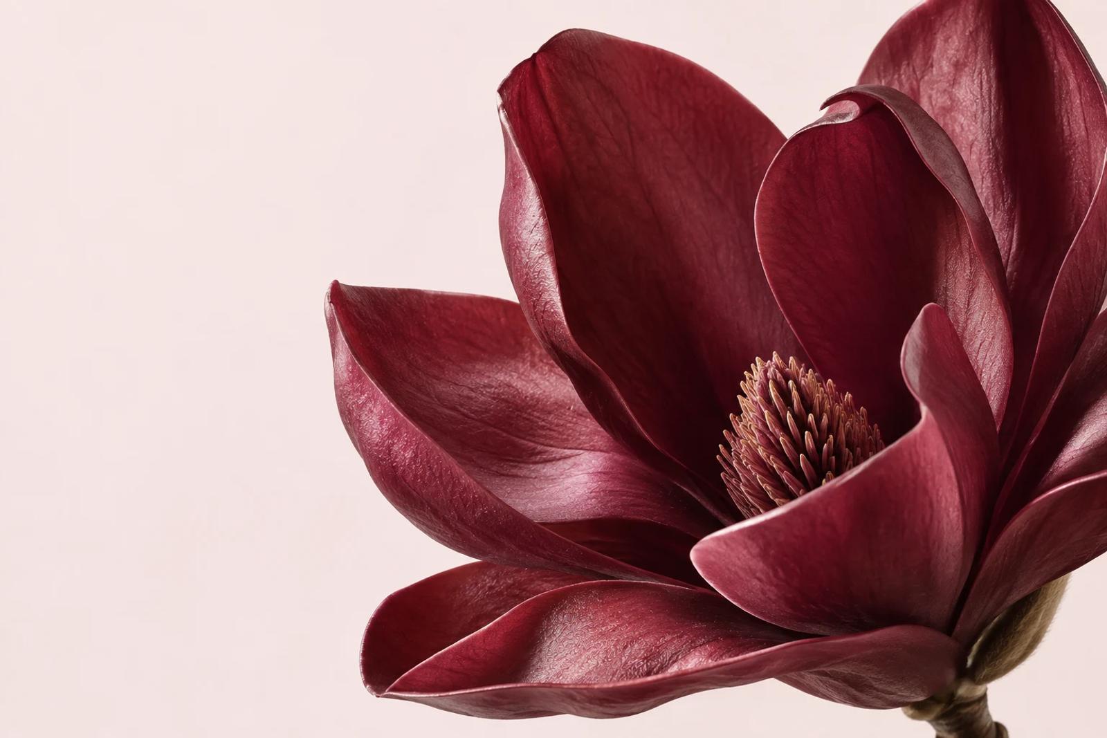 Sculptural burgundy magnolia petals in soft studio light